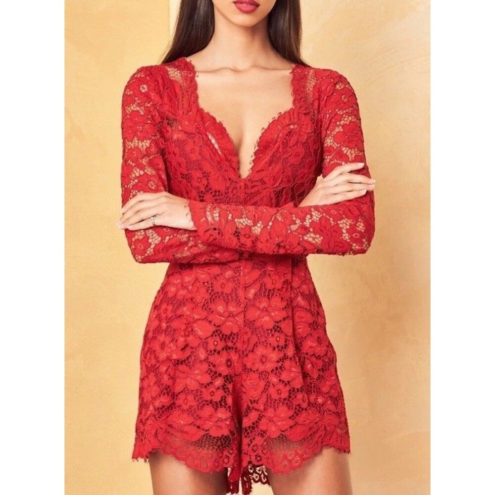 Lovers + Friends Red Lace Romper Women Medium Long Sleeve Plunge Backless Floral